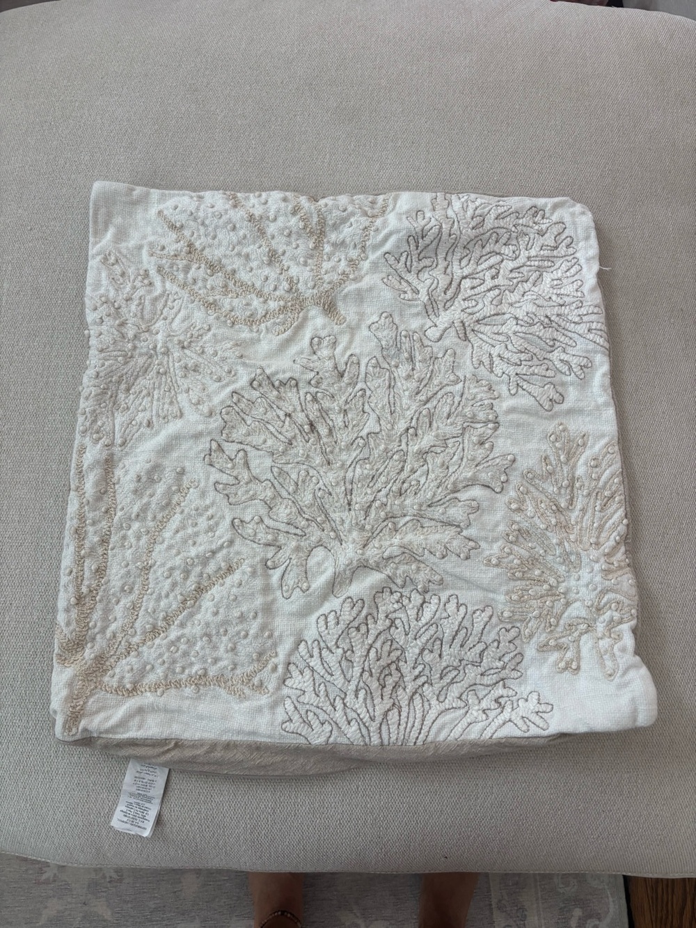 Pottery Barn Cream Coral Embroidered Pillow Cover